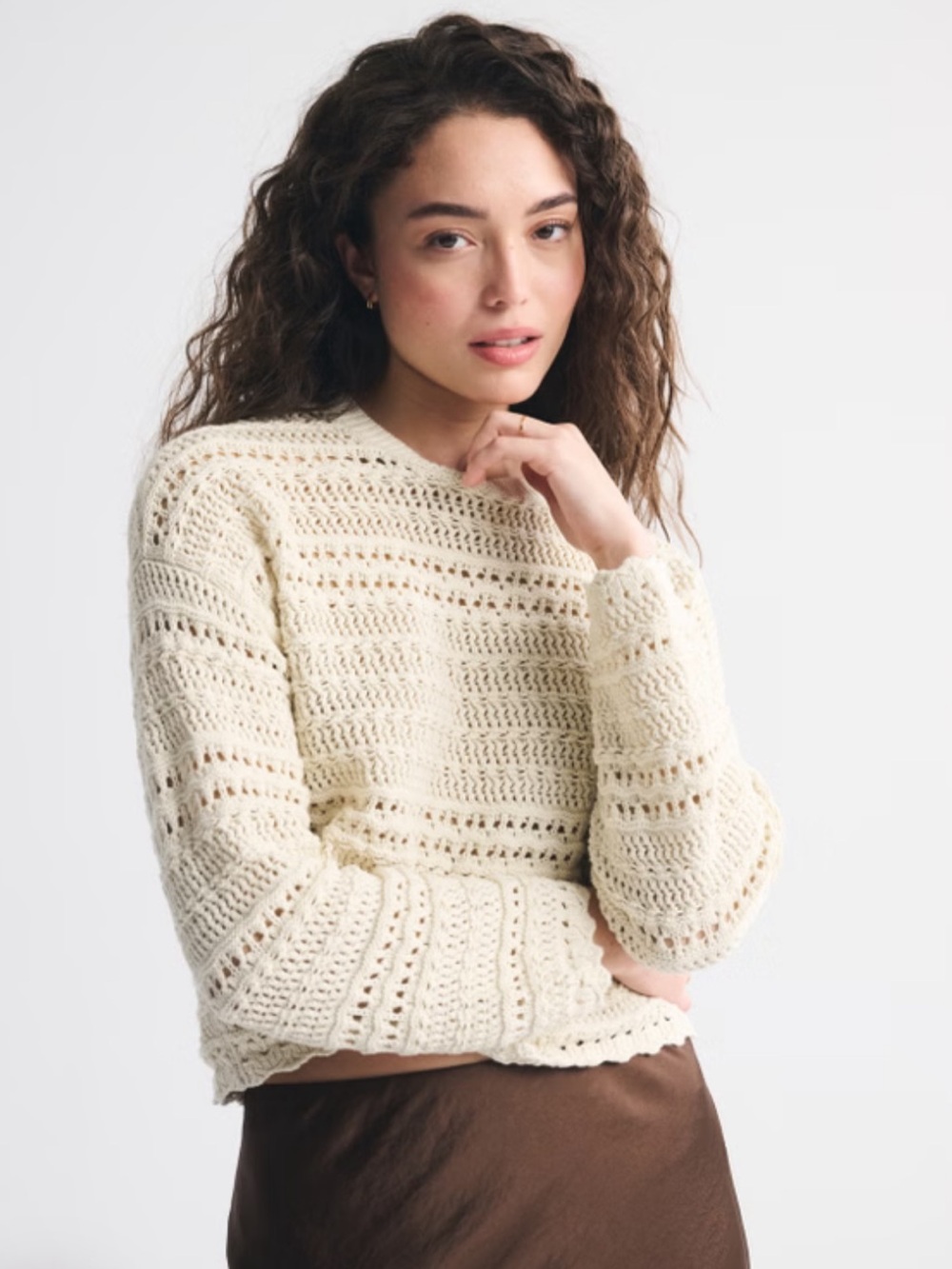 Abercrombie Textural Open-Stitch Crew Sweater - Cream